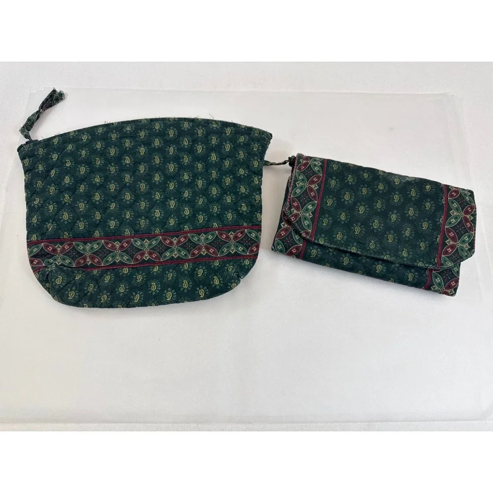 Vera Bradley Vintage Makeup Pouch Crossbody Wallet Set Classic Green Quilted